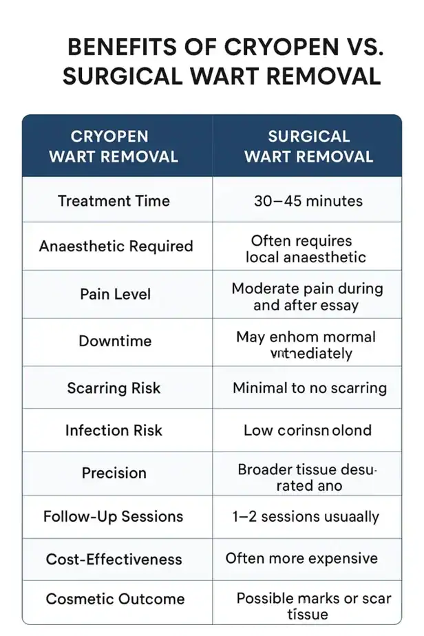Table showing the benefits of cryopen to remove warts Royal Tunbridge Wells compared to surgical treatment